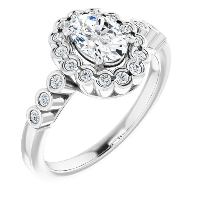 Cubic Zirconia Engagement Ring- The Berkley (Customizable Oval Cut Design with Round-bezel Halo and Band Accents)