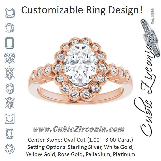 Cubic Zirconia Engagement Ring- The Berkley (Customizable Oval Cut Design with Round-bezel Halo and Band Accents)
