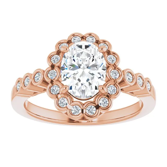 Cubic Zirconia Engagement Ring- The Berkley (Customizable Oval Cut Design with Round-bezel Halo and Band Accents)