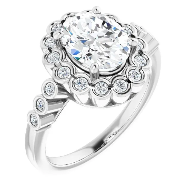 Cubic Zirconia Engagement Ring- The Berkley (Customizable Oval Cut Design with Round-bezel Halo and Band Accents)