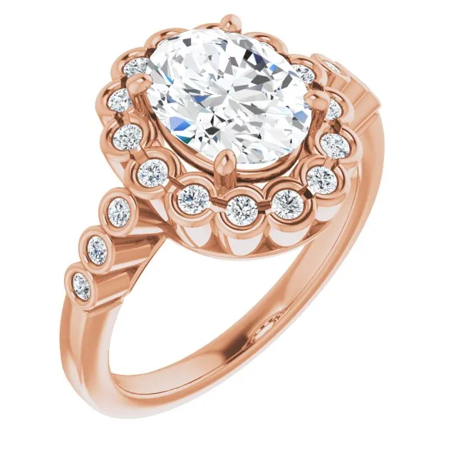 Cubic Zirconia Engagement Ring- The Berkley (Customizable Oval Cut Design with Round-bezel Halo and Band Accents)