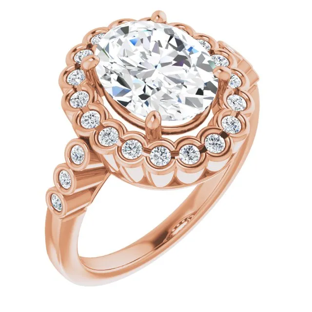 Cubic Zirconia Engagement Ring- The Berkley (Customizable Oval Cut Design with Round-bezel Halo and Band Accents)