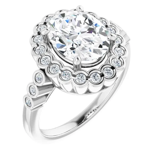 Cubic Zirconia Engagement Ring- The Berkley (Customizable Oval Cut Design with Round-bezel Halo and Band Accents)