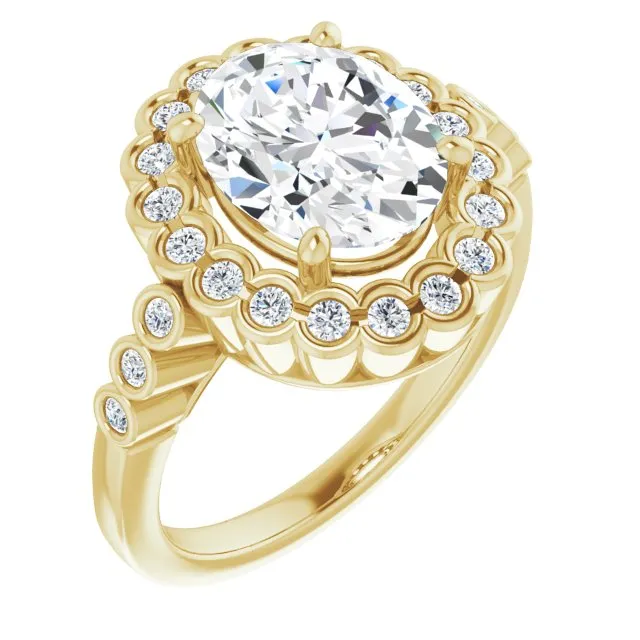 Cubic Zirconia Engagement Ring- The Berkley (Customizable Oval Cut Design with Round-bezel Halo and Band Accents)