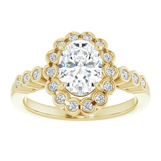 Cubic Zirconia Engagement Ring- The Berkley (Customizable Oval Cut Design with Round-bezel Halo and Band Accents)