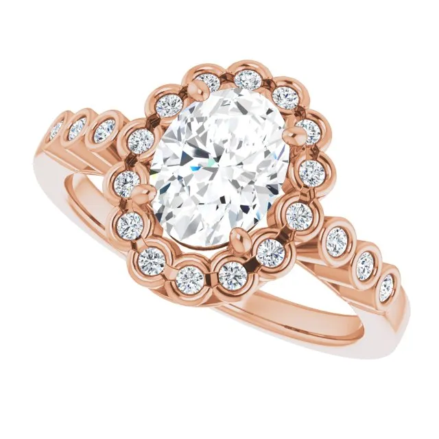 Cubic Zirconia Engagement Ring- The Berkley (Customizable Oval Cut Design with Round-bezel Halo and Band Accents)