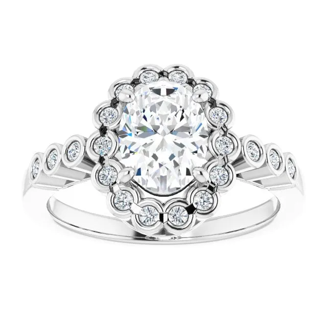 Cubic Zirconia Engagement Ring- The Berkley (Customizable Oval Cut Design with Round-bezel Halo and Band Accents)
