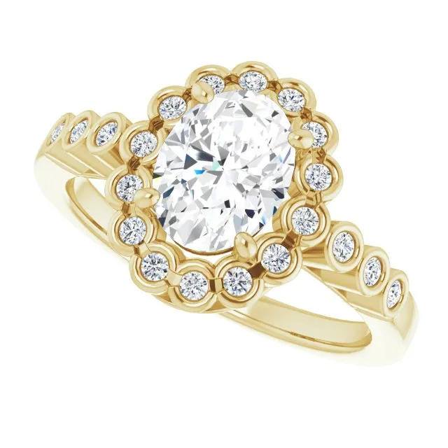 Cubic Zirconia Engagement Ring- The Berkley (Customizable Oval Cut Design with Round-bezel Halo and Band Accents)