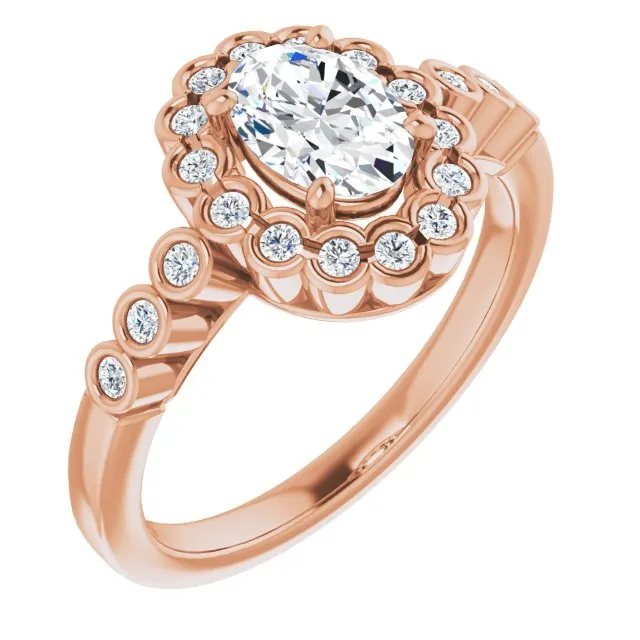 Cubic Zirconia Engagement Ring- The Berkley (Customizable Oval Cut Design with Round-bezel Halo and Band Accents)