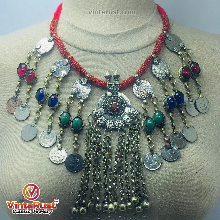 Dangling Vintage Coins and Stone Necklace