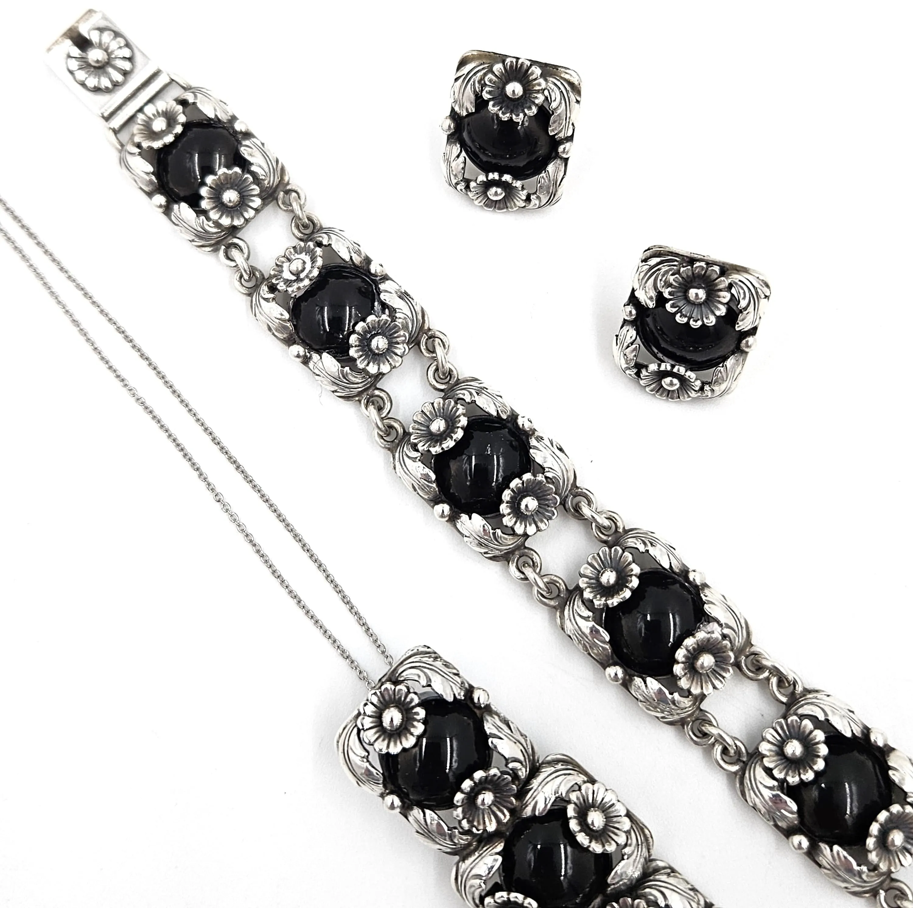 Danish NE From Sterling & Black Onyx Flora Fauna Demi Parure Set C. 1940s