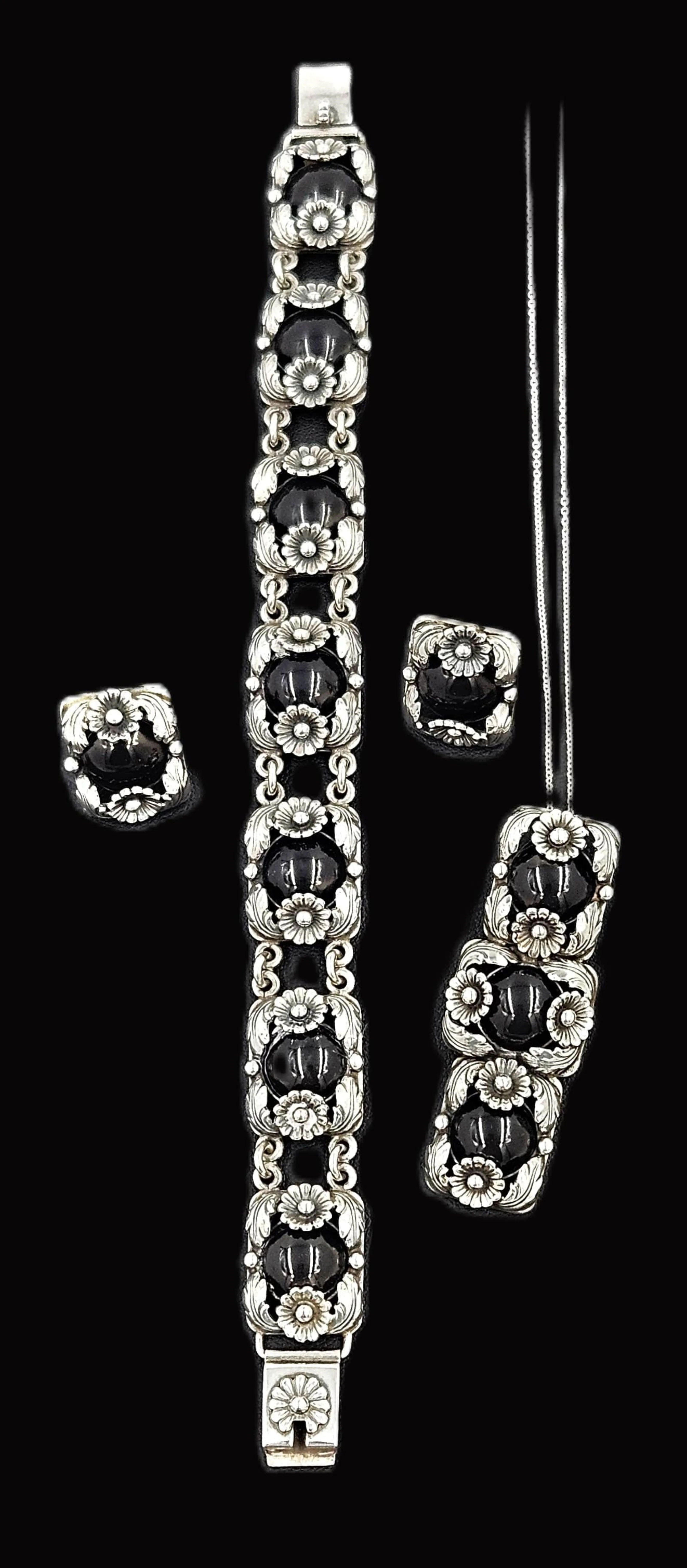Danish NE From Sterling & Black Onyx Flora Fauna Demi Parure Set C. 1940s