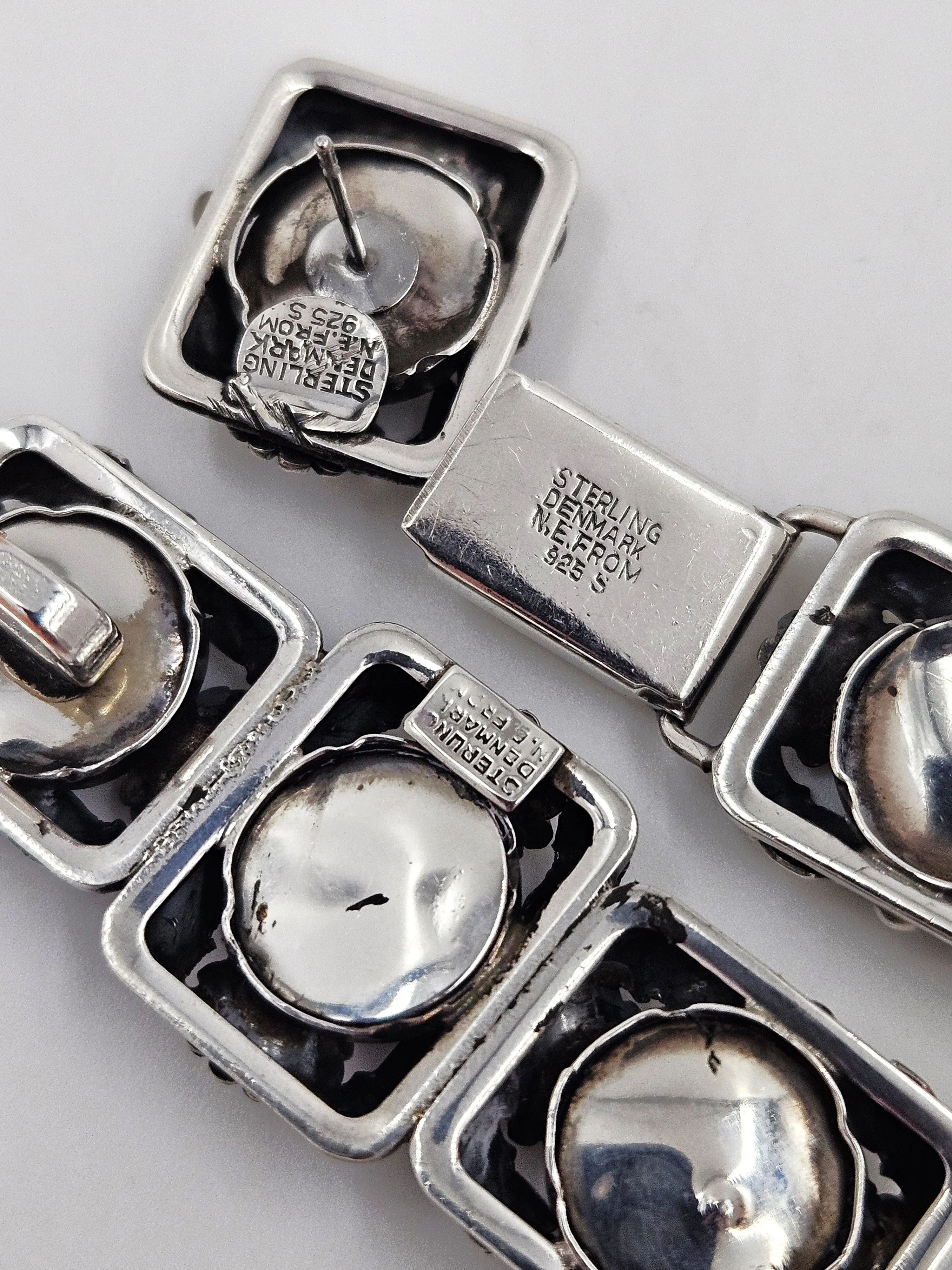 Danish NE From Sterling & Black Onyx Flora Fauna Demi Parure Set C. 1940s