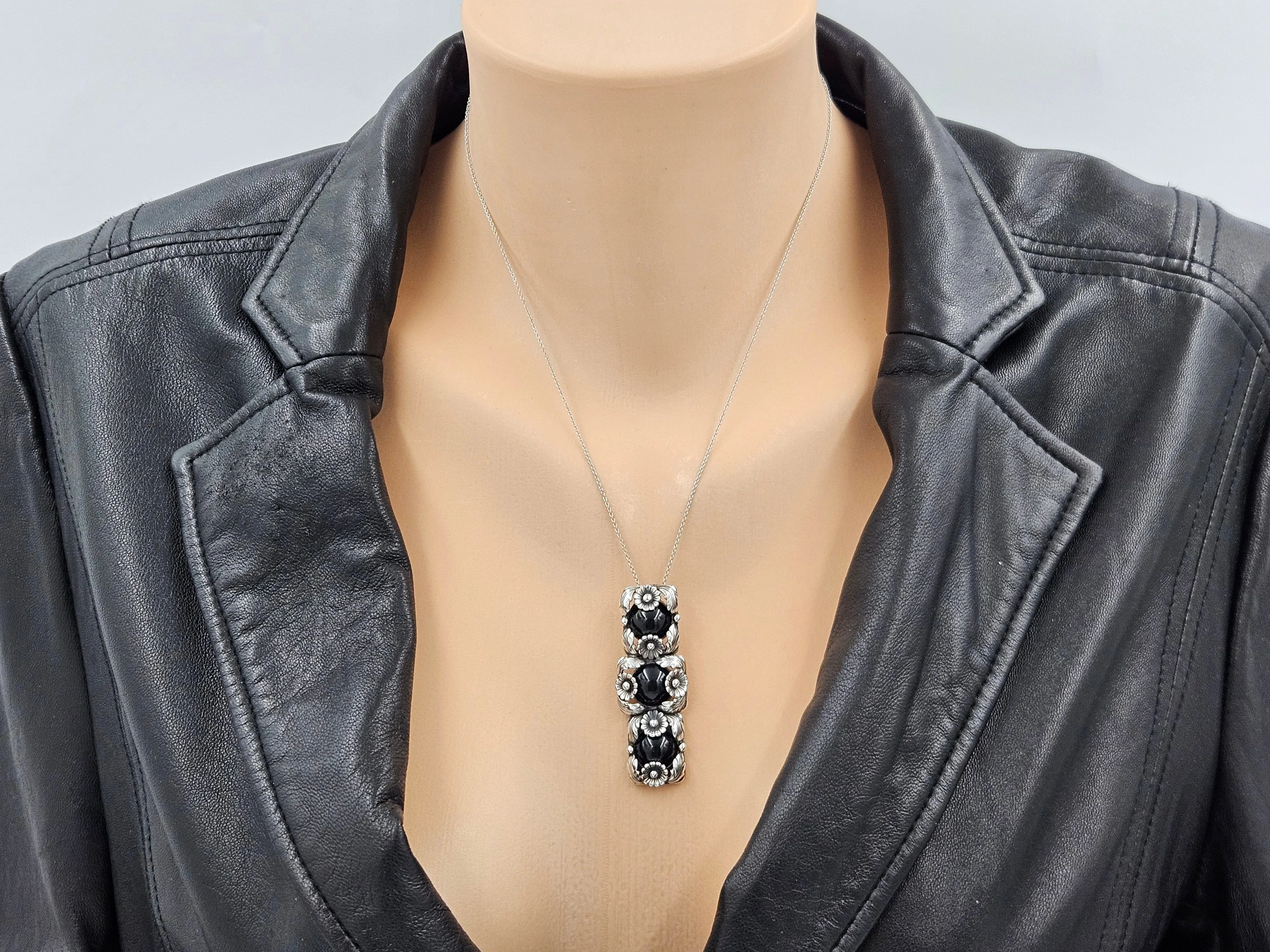 Danish NE From Sterling & Black Onyx Flora Fauna Demi Parure Set C. 1940s