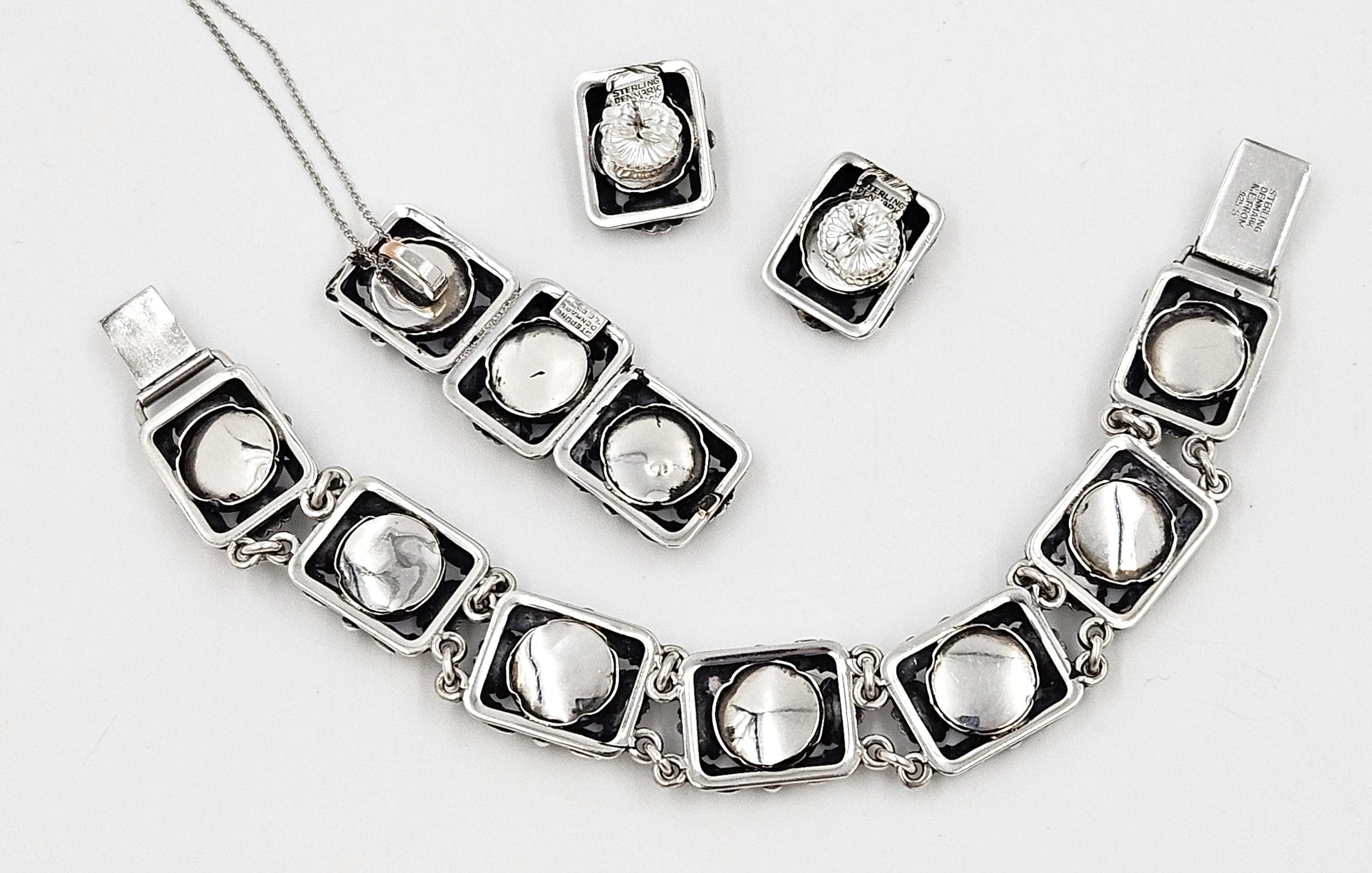 Danish NE From Sterling & Black Onyx Flora Fauna Demi Parure Set C. 1940s