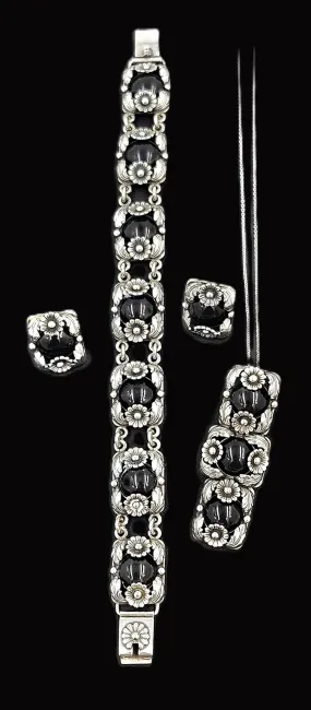 Danish NE From Sterling & Black Onyx Flora Fauna Demi Parure Set C. 1940s
