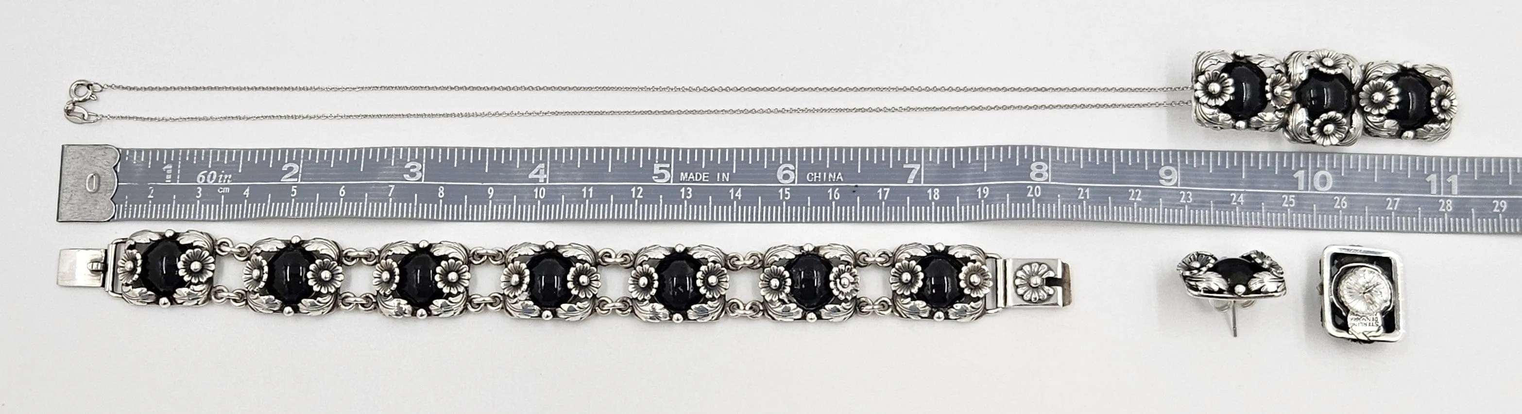 Danish NE From Sterling & Black Onyx Flora Fauna Demi Parure Set C. 1940s