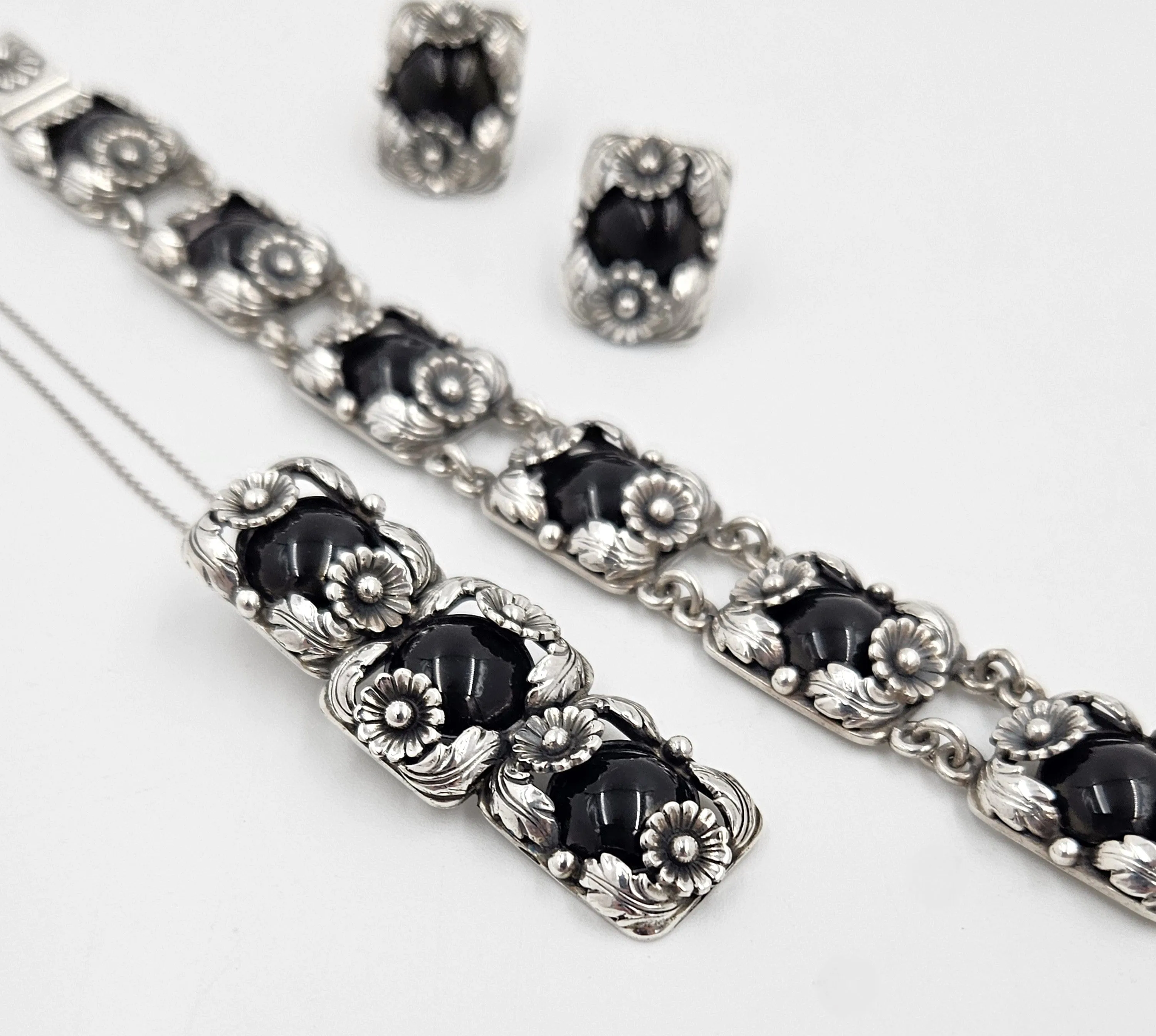 Danish NE From Sterling & Black Onyx Flora Fauna Demi Parure Set C. 1940s