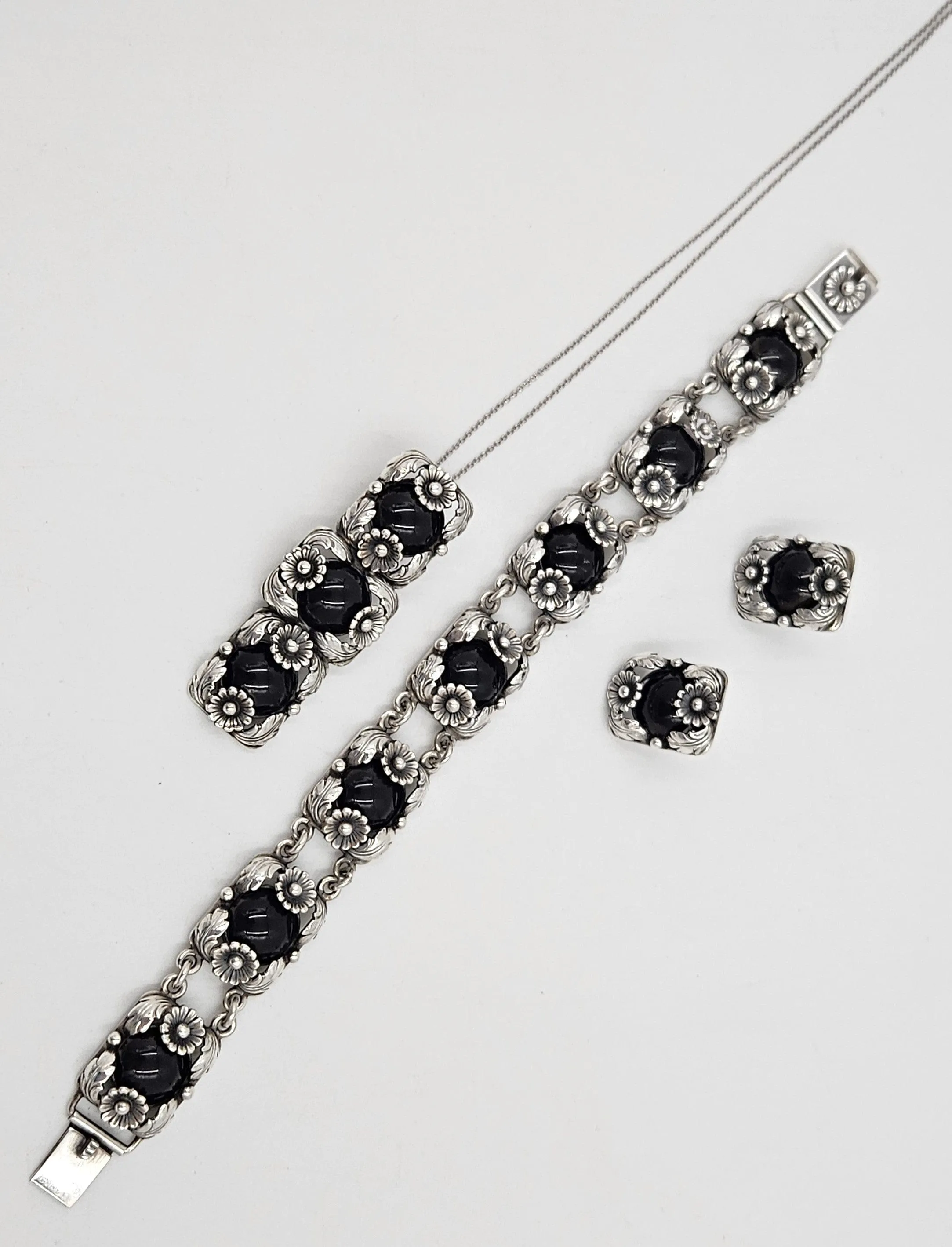 Danish NE From Sterling & Black Onyx Flora Fauna Demi Parure Set C. 1940s