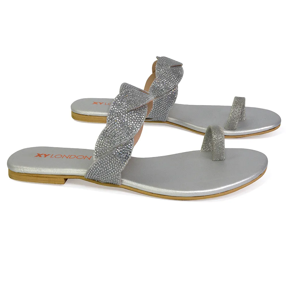 Dreamer Diamante Strap Toe Post Ring Flat Summer Woven Sandal Sliders in Silver