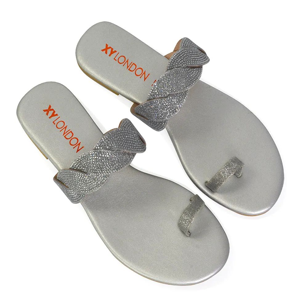 Dreamer Diamante Strap Toe Post Ring Flat Summer Woven Sandal Sliders in Silver