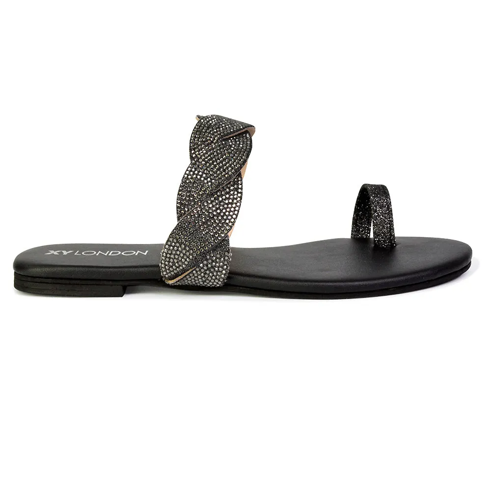 Dreamer Diamante Strap Toe Post Ring Flat Summer Woven Sandal Sliders in Silver