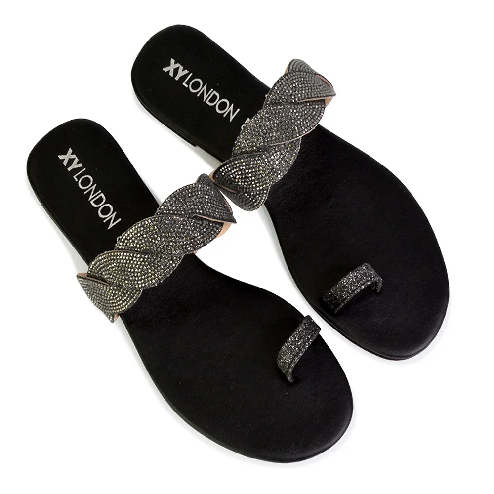 Dreamer Diamante Strap Toe Post Ring Flat Summer Woven Sandal Sliders in Silver