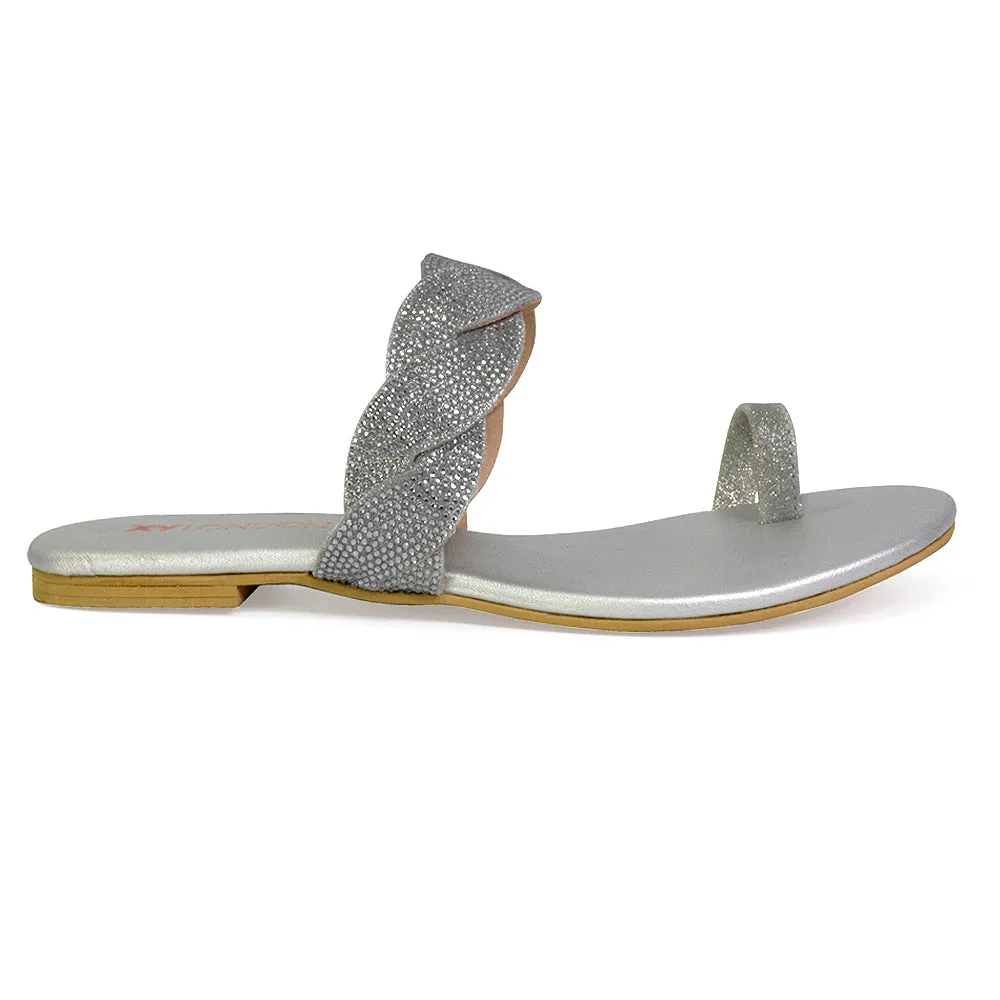 Dreamer Diamante Strap Toe Post Ring Flat Summer Woven Sandal Sliders in Silver