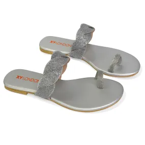 Dreamer Diamante Strap Toe Post Ring Flat Summer Woven Sandal Sliders in Silver
