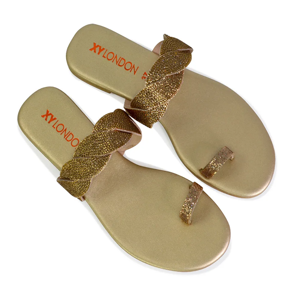 Dreamer Diamante Strap Toe Post Ring Flat Summer Woven Sandal Sliders in Silver