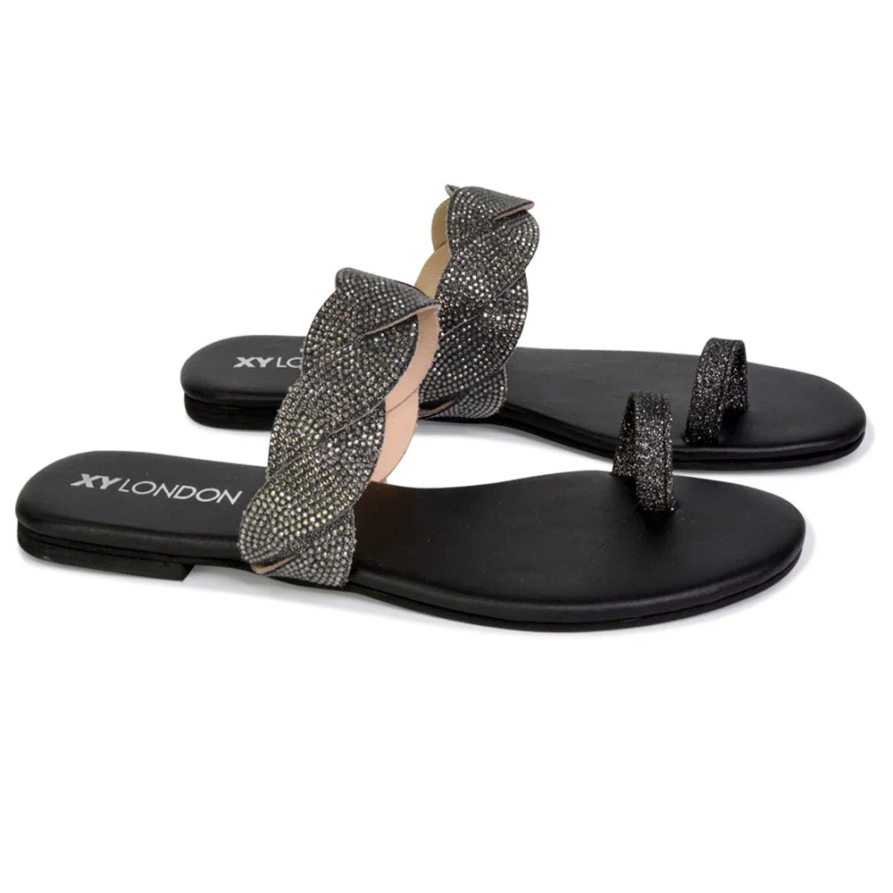 Dreamer Diamante Strap Toe Post Ring Flat Summer Woven Sandal Sliders in Silver