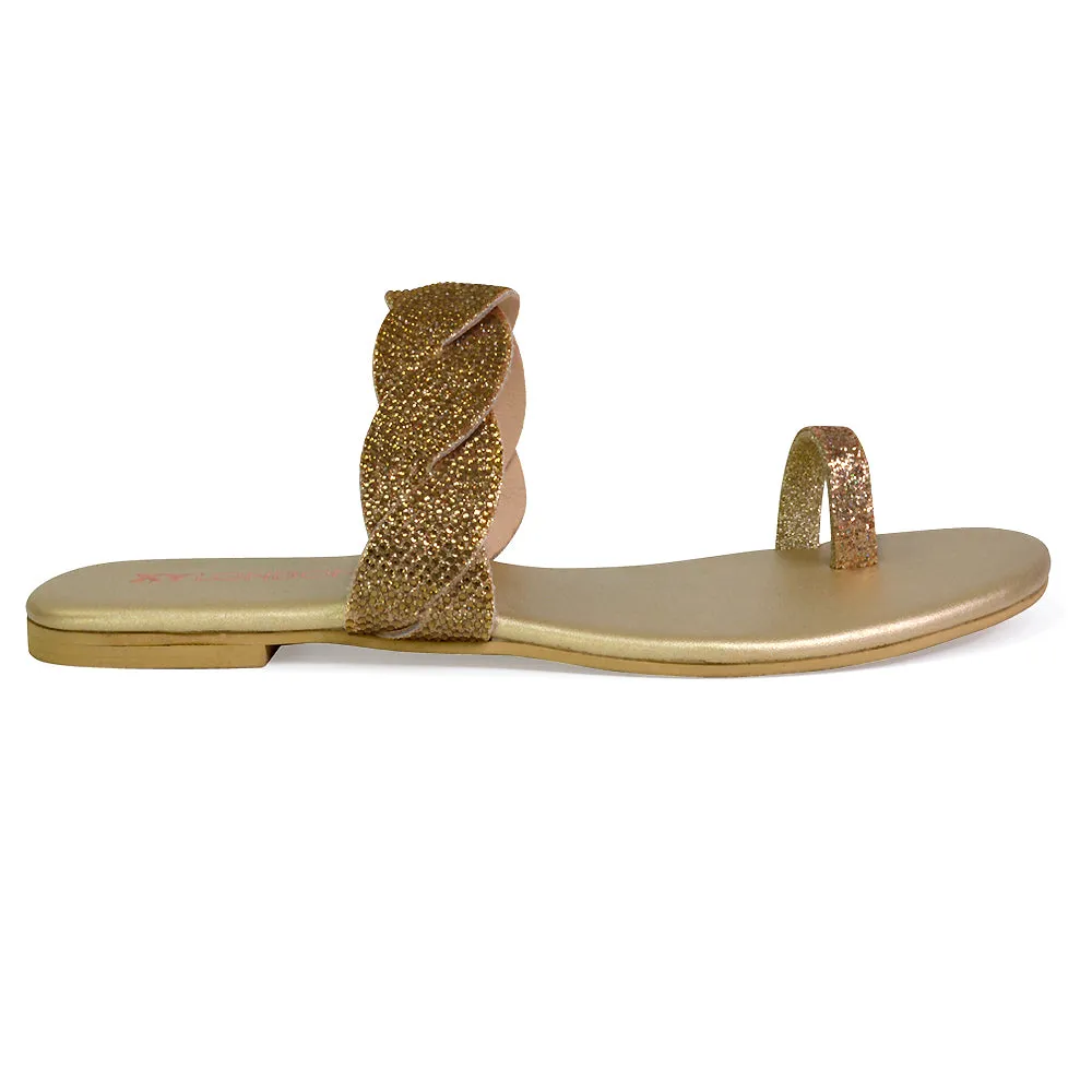 Dreamer Diamante Strap Toe Post Ring Flat Summer Woven Sandal Sliders in Silver