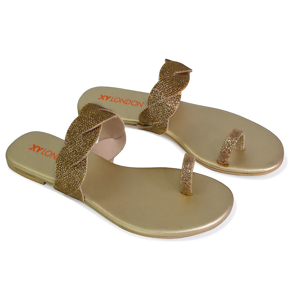 Dreamer Diamante Strap Toe Post Ring Flat Summer Woven Sandal Sliders in Silver