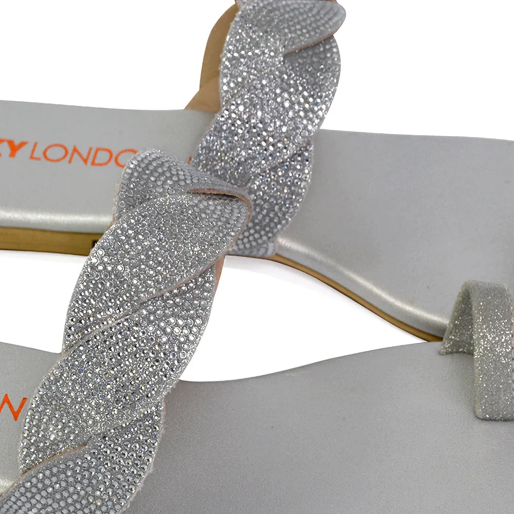 Dreamer Diamante Strap Toe Post Ring Flat Summer Woven Sandal Sliders in Silver