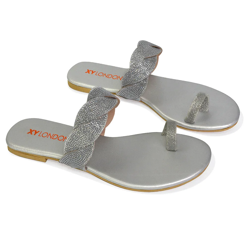 Dreamer Diamante Strap Toe Post Ring Flat Summer Woven Sandal Sliders in Silver