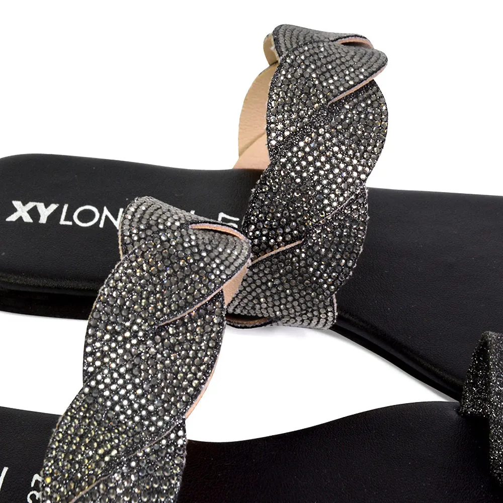 Dreamer Diamante Strap Toe Post Ring Flat Summer Woven Sandal Sliders in Silver