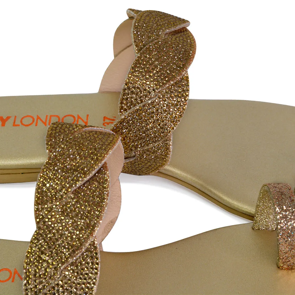 Dreamer Diamante Strap Toe Post Ring Flat Summer Woven Sandal Sliders in Silver