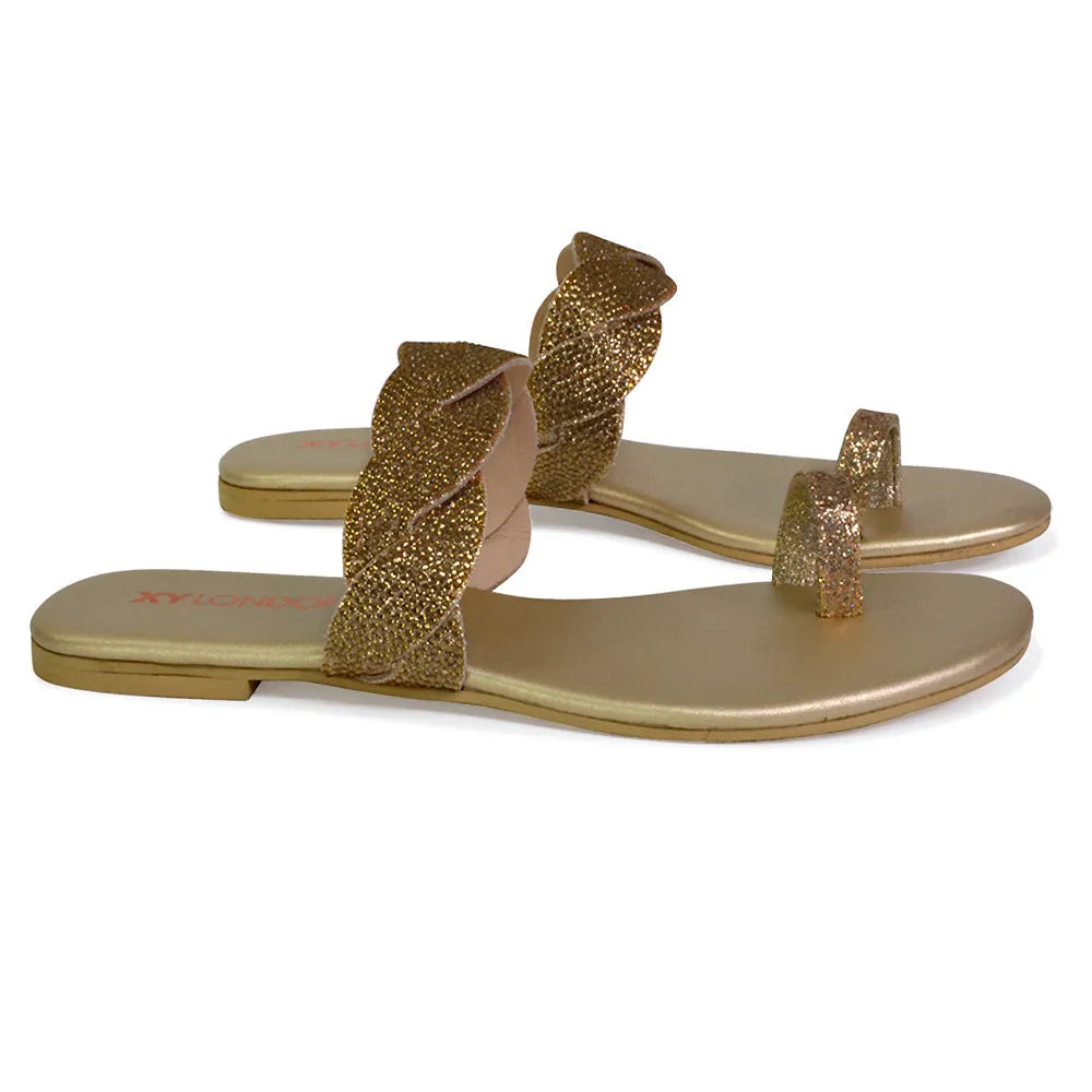 Dreamer Diamante Strap Toe Post Ring Flat Summer Woven Sandal Sliders in Silver