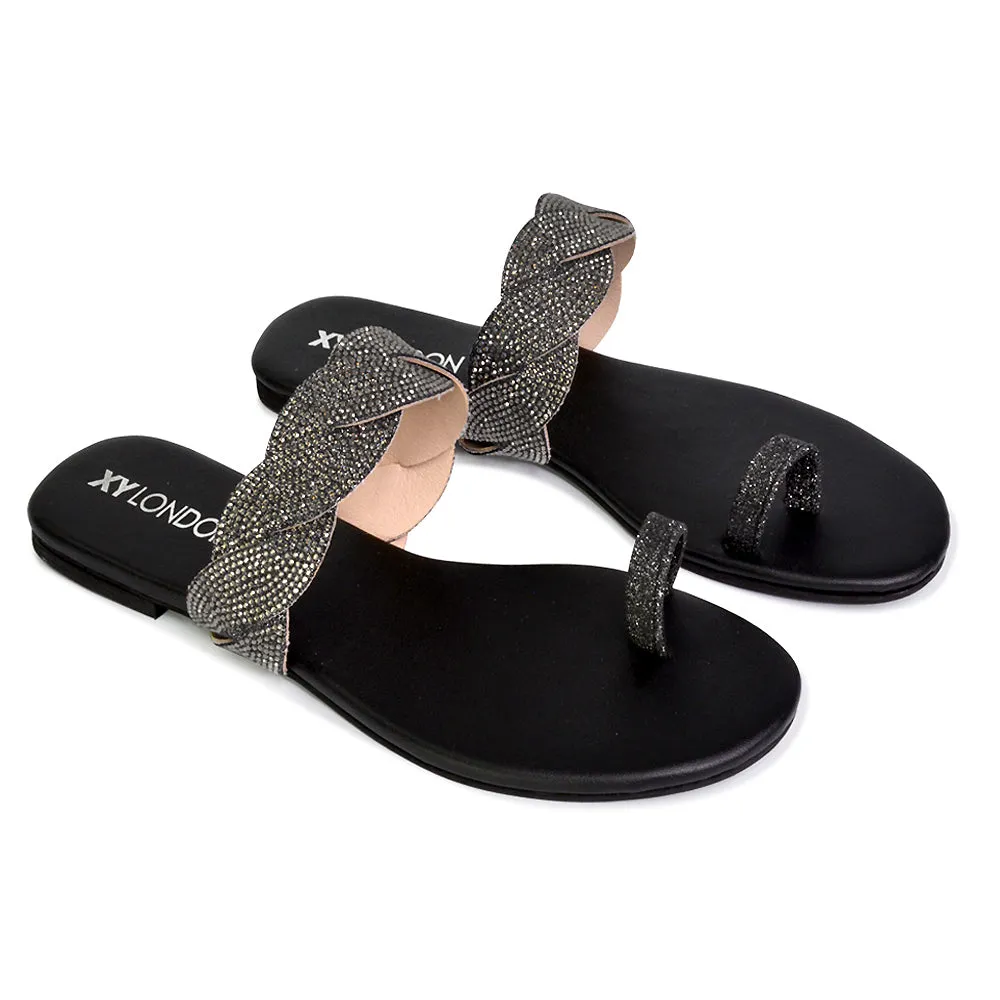 Dreamer Diamante Strap Toe Post Ring Flat Summer Woven Sandal Sliders in Silver
