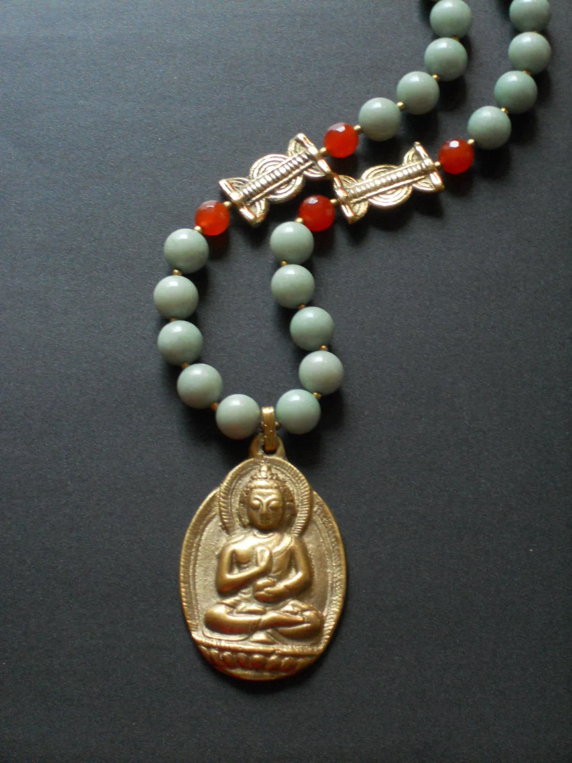 Dyed Mint Jade & Solid Brass Lost Wax Beads Buddha Nepalese Pendant Necklace, NLO1695: Zen Necklace