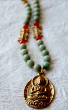 Dyed Mint Jade & Solid Brass Lost Wax Beads Buddha Nepalese Pendant Necklace, NLO1695: Zen Necklace