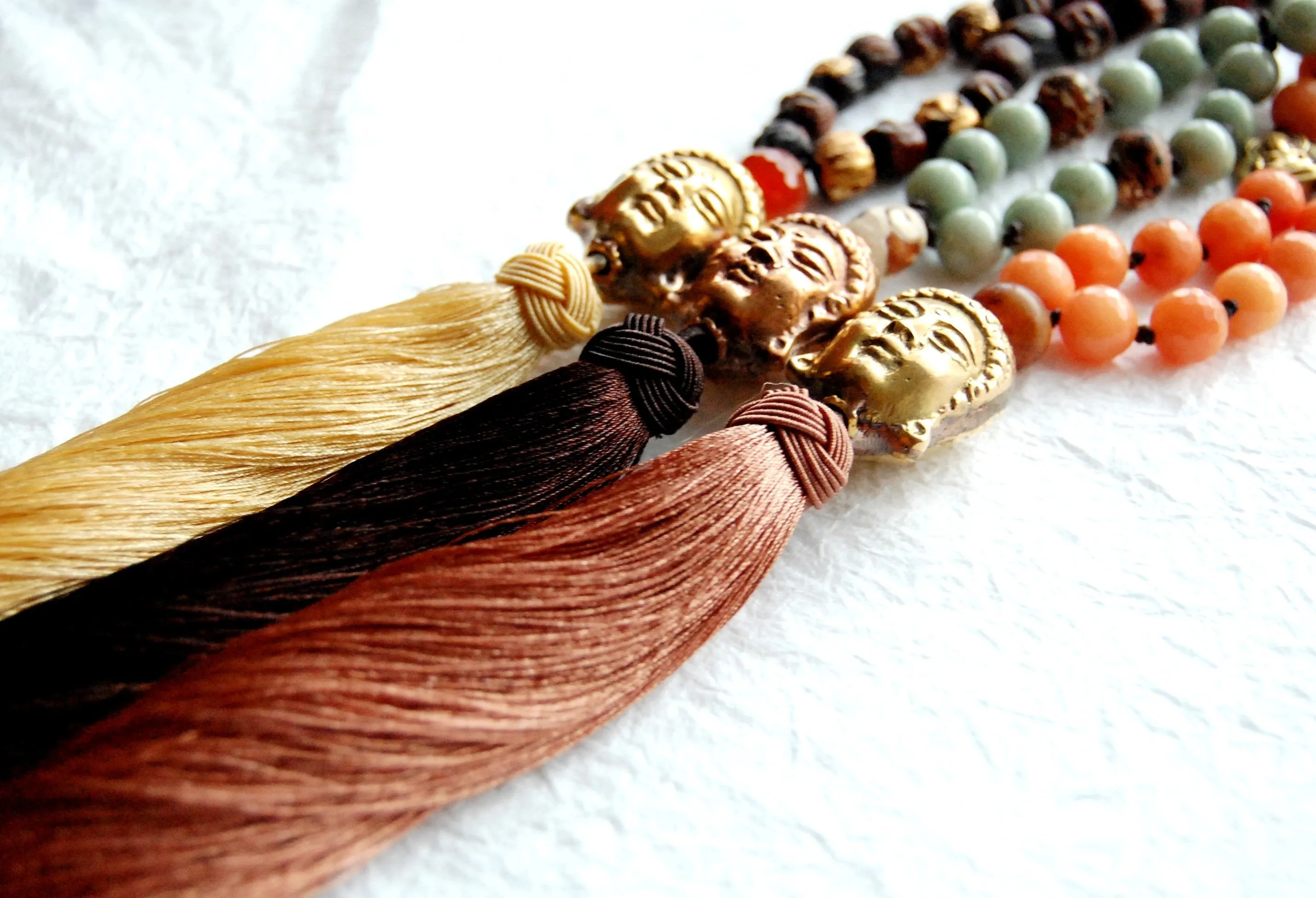 Dyed Orange Jade Solid Brass Buddha Head Adjustable Tassel Yoga Zen Inspired Necklace, ZL04179 Little Buddha