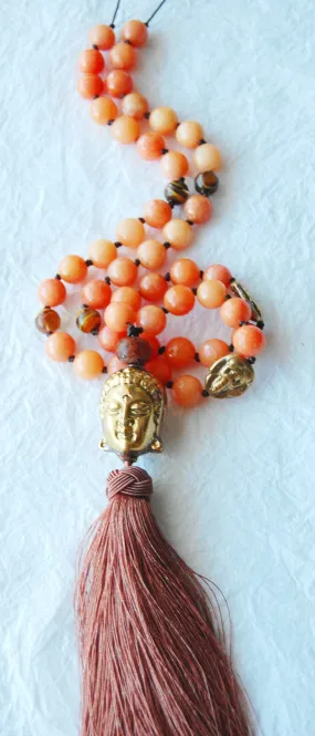 Dyed Orange Jade Solid Brass Buddha Head Adjustable Tassel Yoga Zen Inspired Necklace, ZL04179 Little Buddha