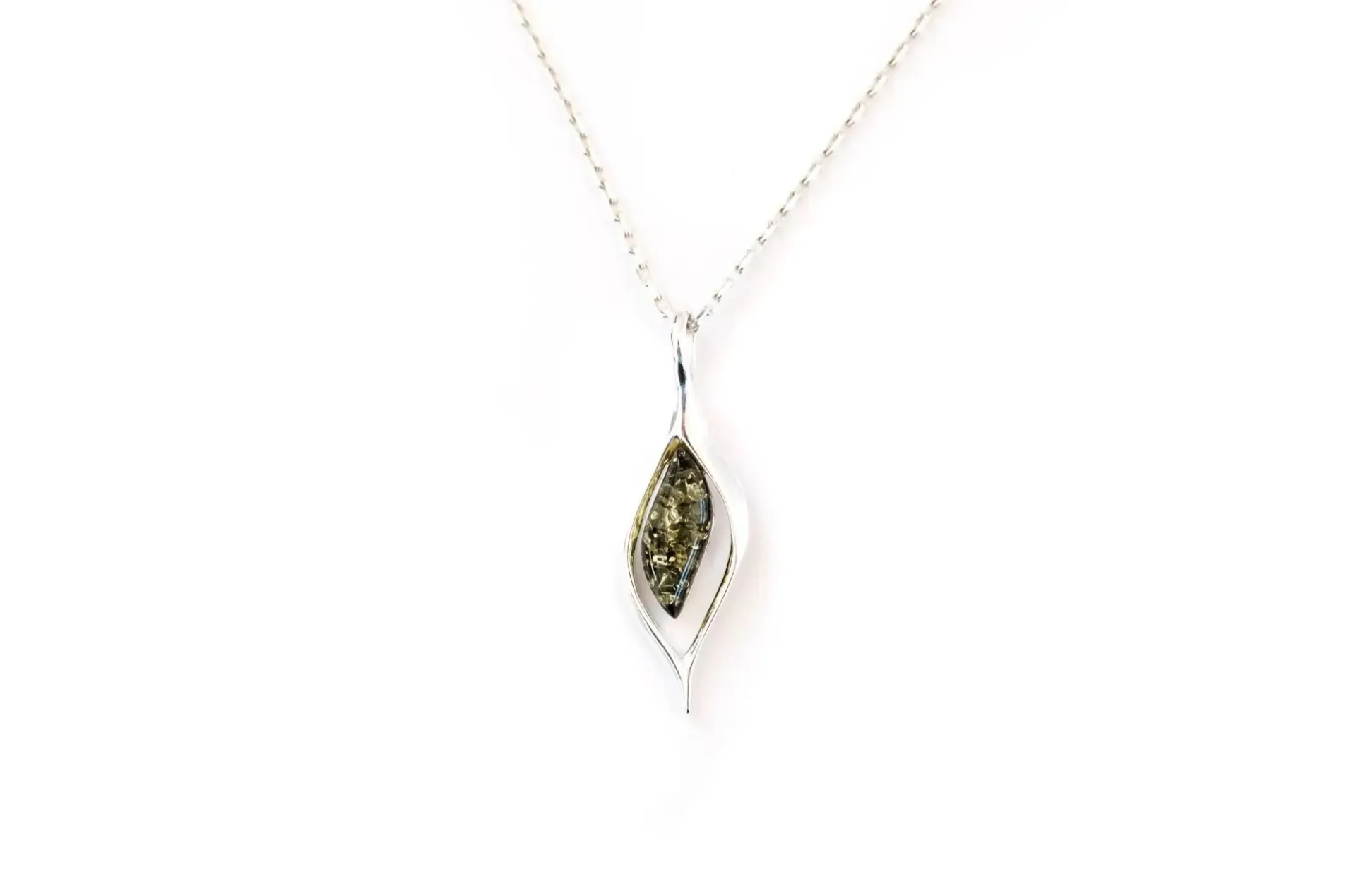 Elegant Green Amber Droplet Pendant Necklace - Sterling Silver, Baltic Amber Gemstone, 17.5" Link Chain