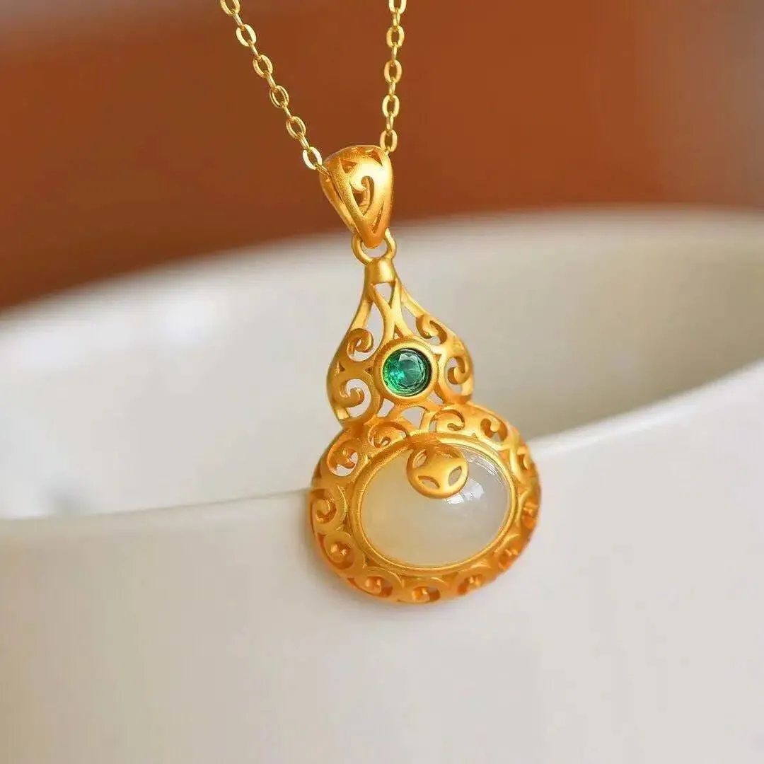 Elegant Sterling Silver Hotan Jade Pendant with Green Zircon Gourd Design Necklace