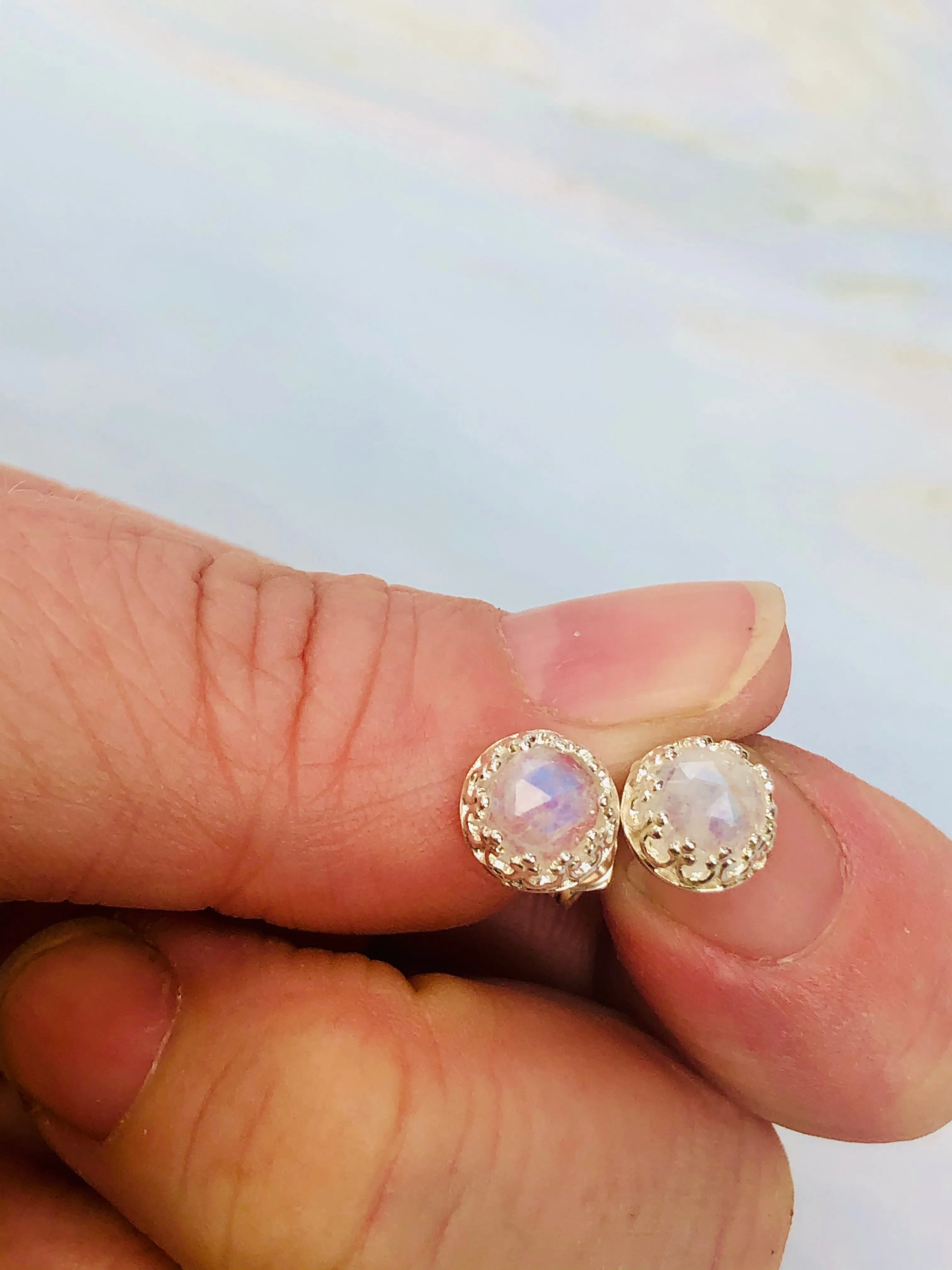 Faceted Moonstone Stud Earrings, Dainty Moonstone Post earrings, artisan jewelry
