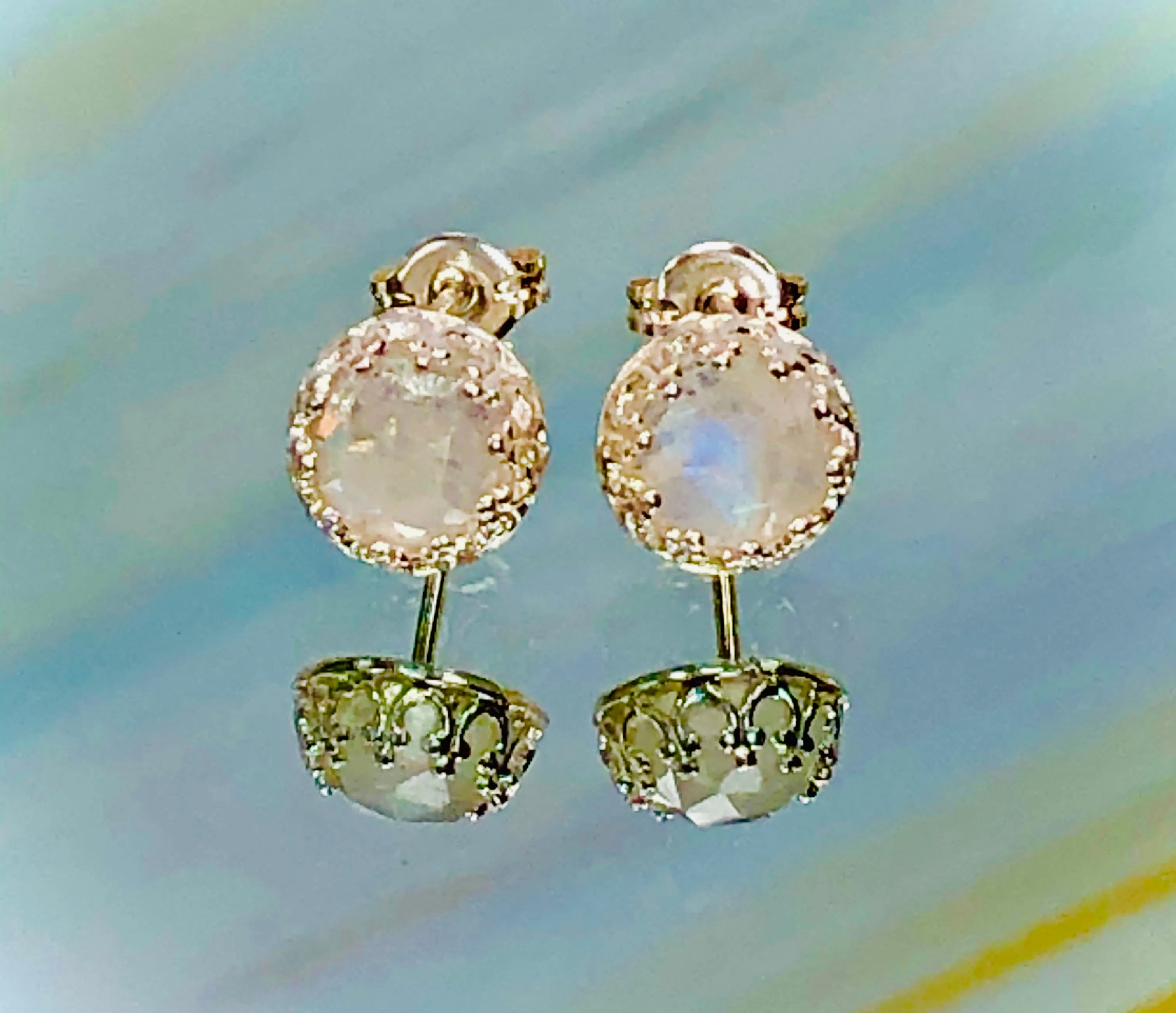 Faceted Moonstone Stud Earrings, Dainty Moonstone Post earrings, artisan jewelry