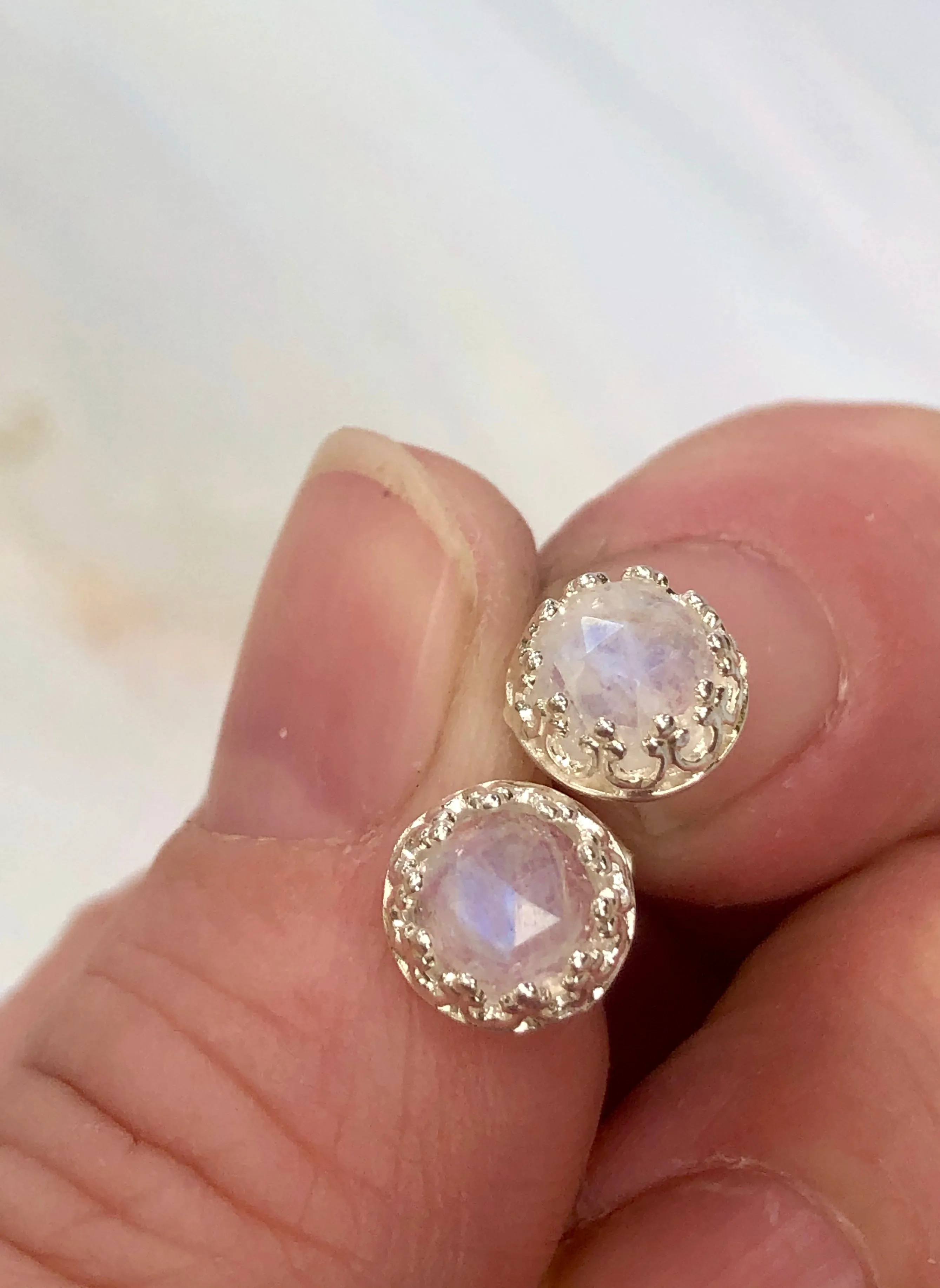 Faceted Moonstone Stud Earrings, Dainty Moonstone Post earrings, artisan jewelry