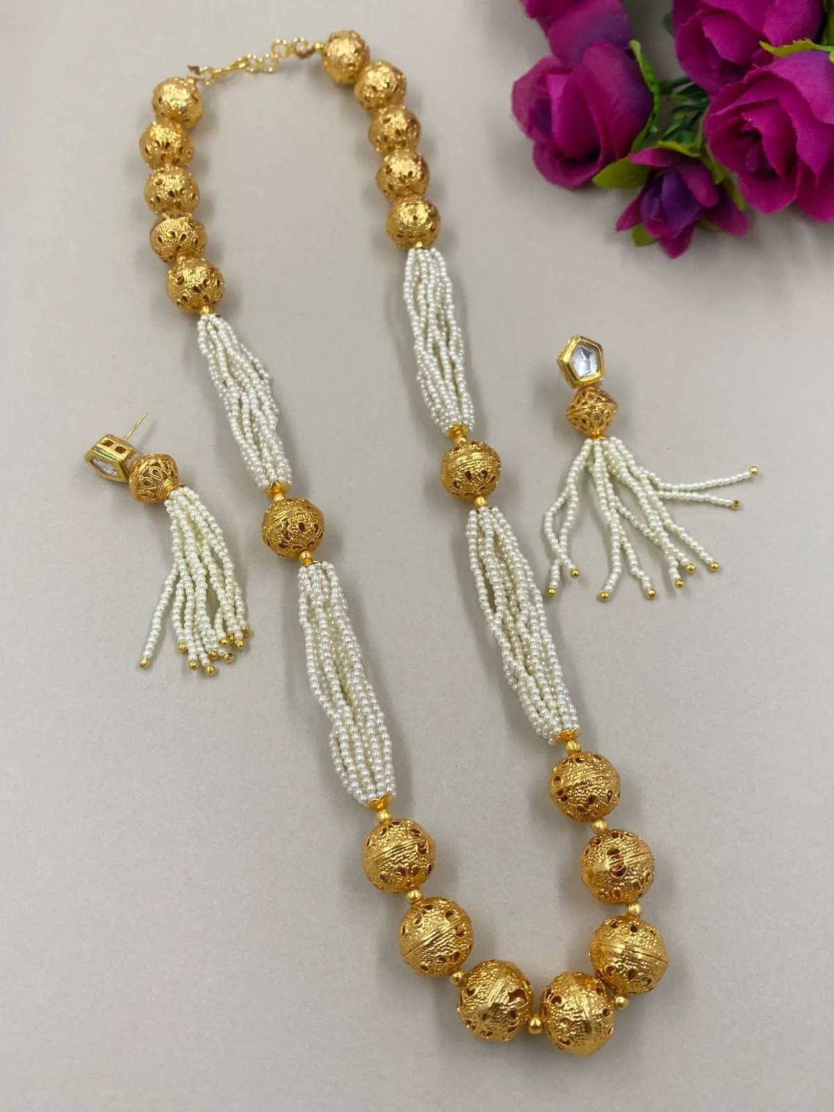 Fancy Pearls And Golden Beads Matar Mala Necklace For Woman By Gehna Shop