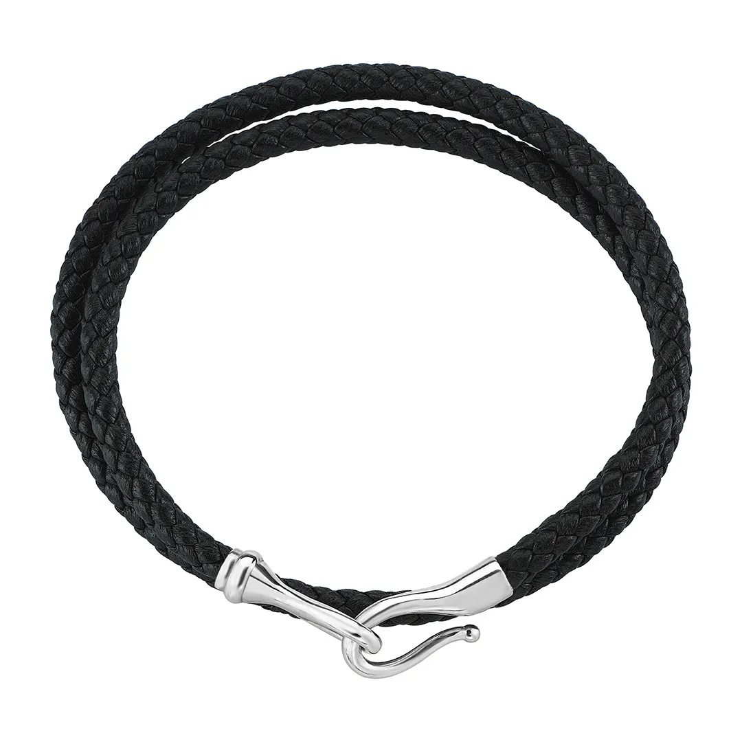 Fish Hook Wrap Leather Bracelet in Silver